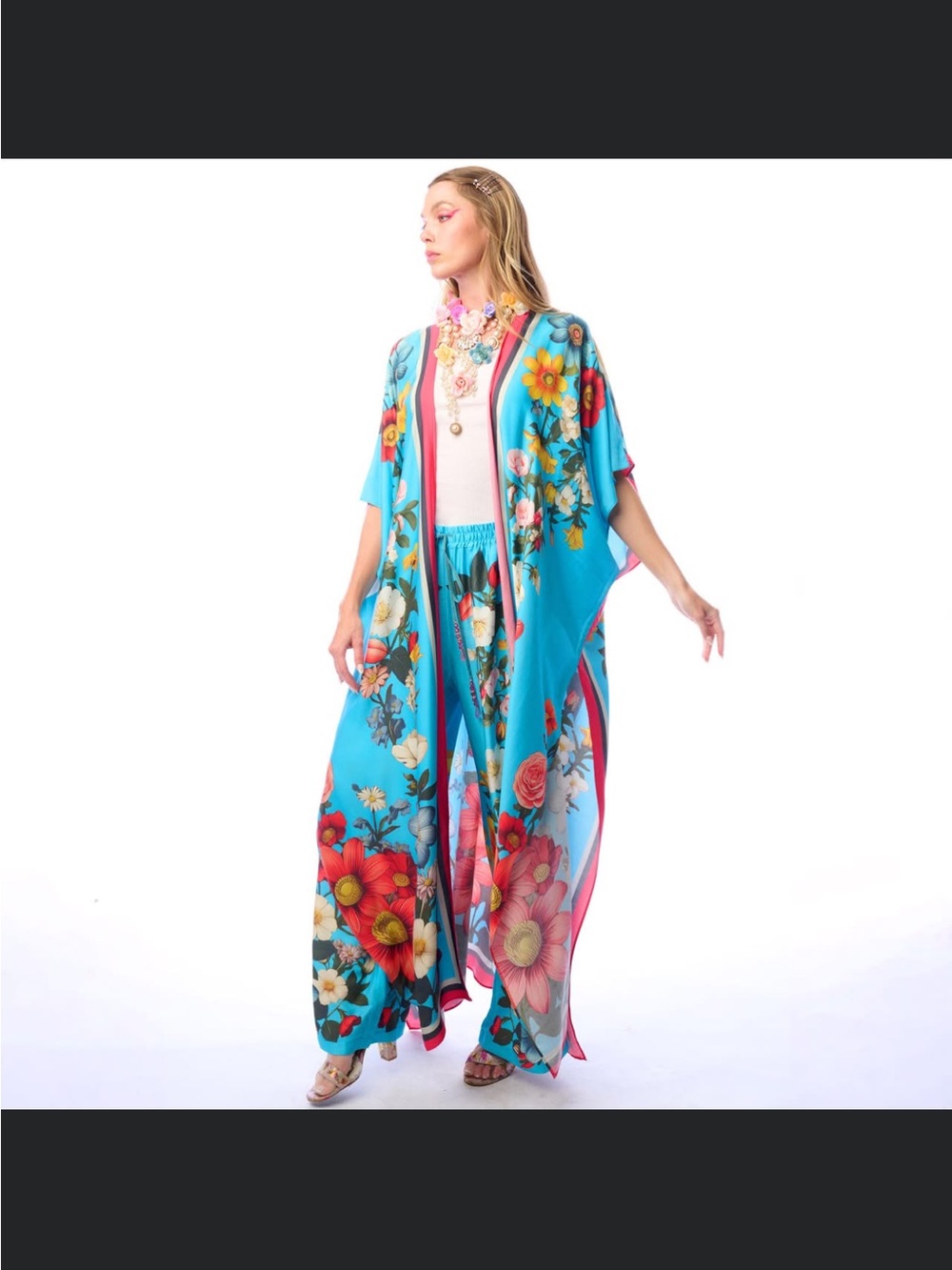 H98.NWT Aratta Floral Garden Vibrant Floral Turquoise Kaftan $219 - Picture 7 of 7